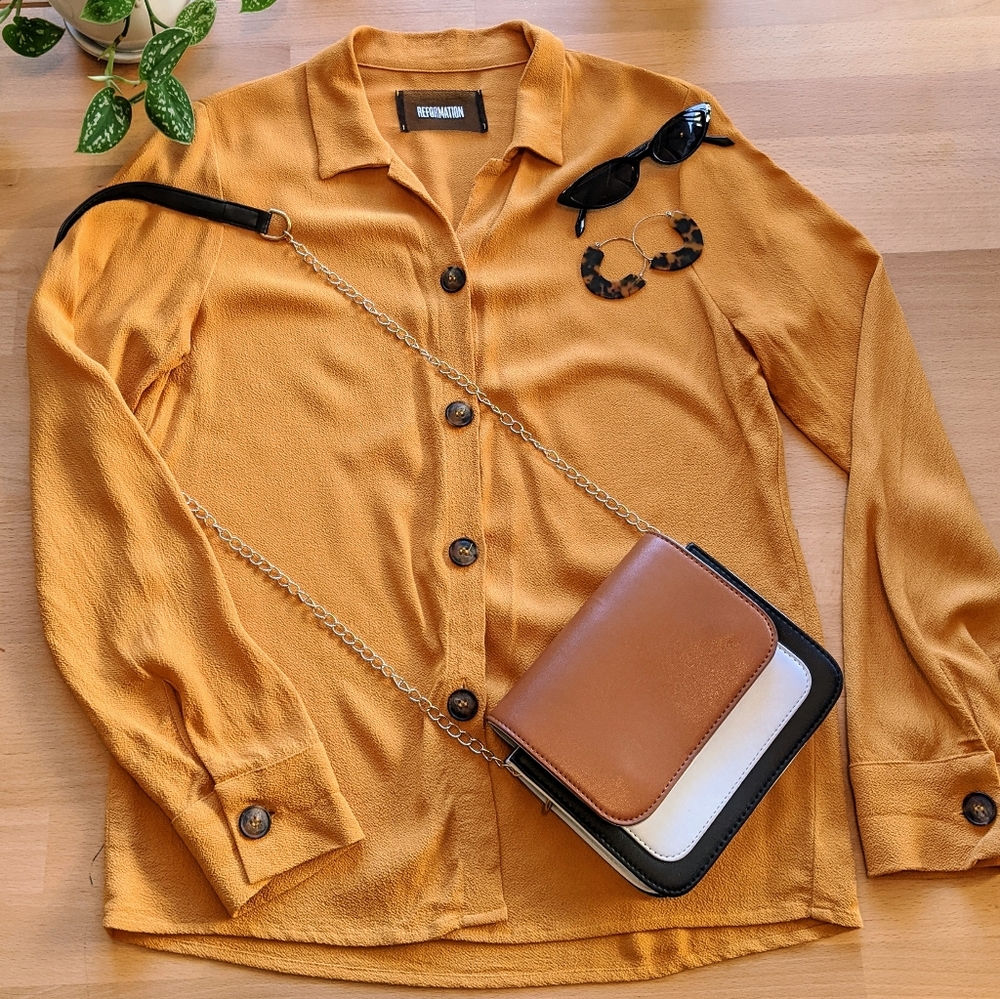Reformation mustard yellow button down shirt